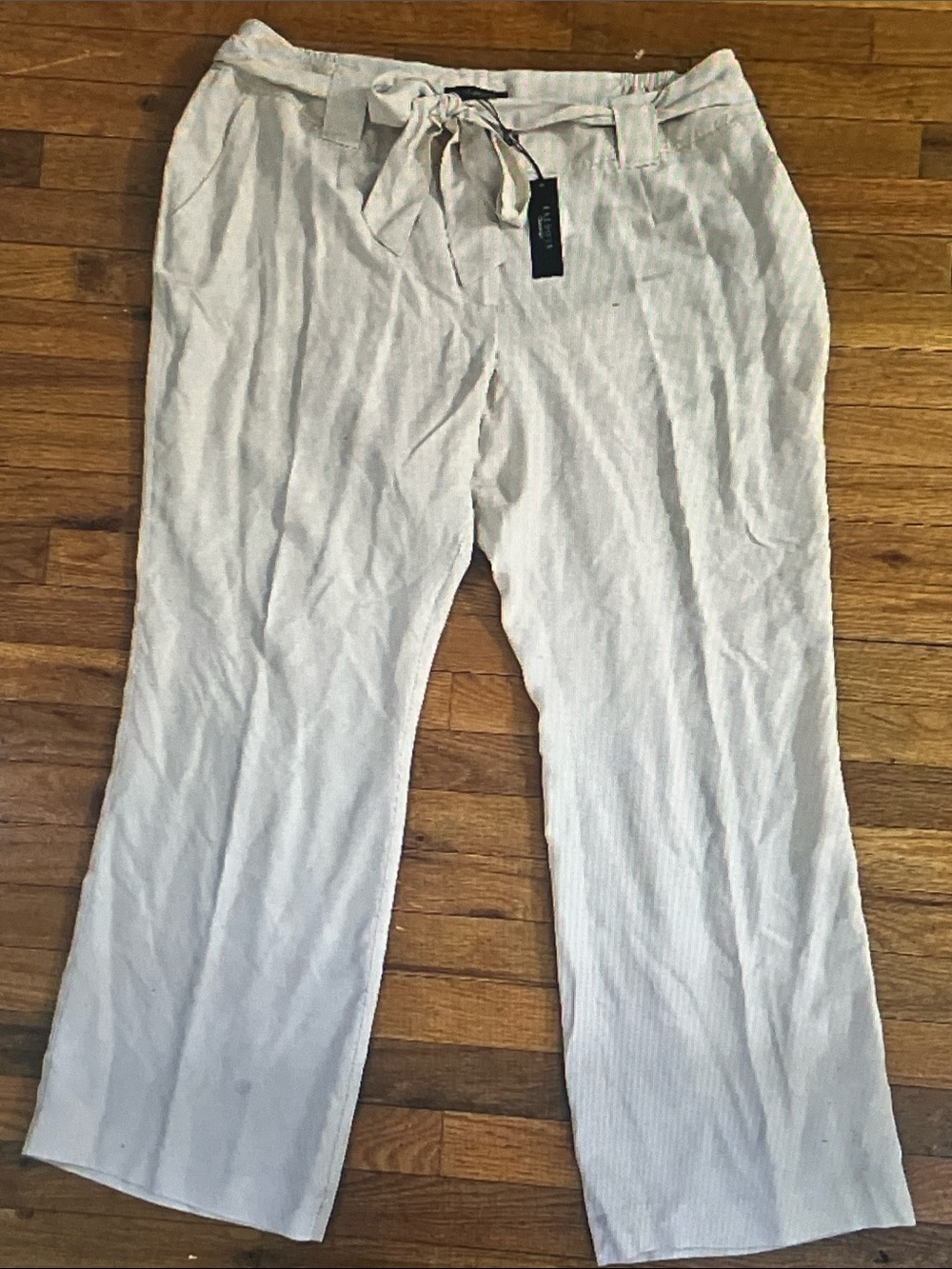 Talbots Cream Straight-Leg Linen-Blend Pants with Self-Tie Waist